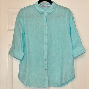 Chico’s 100% Linen Button Up Shirt Size 12 (2) 3/4 Sleeves No Iron Beach Summer